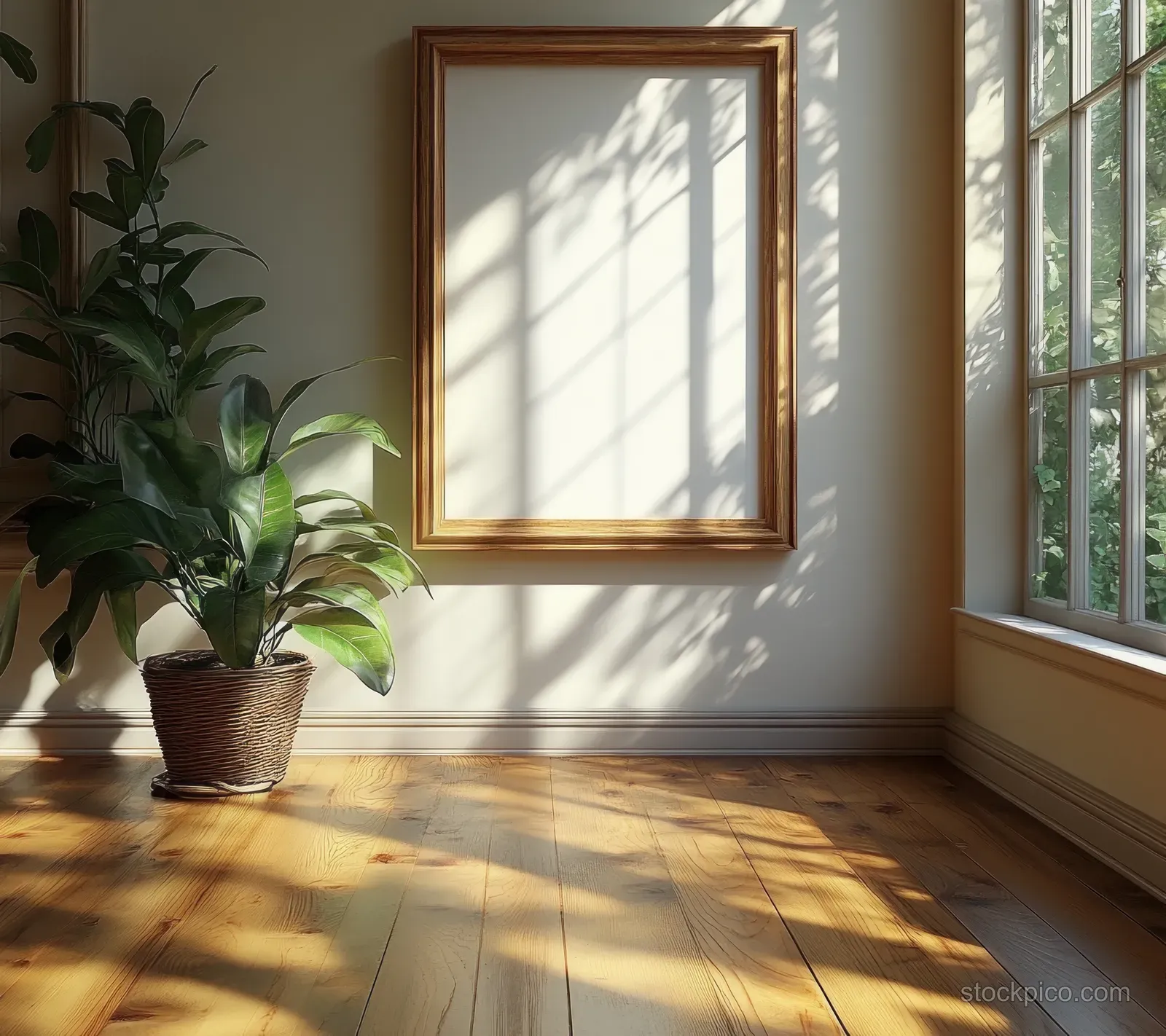 Sunlit minimalist living room corner with a blank wooden picture frame, potted plant, and shadows on the wooden floor.