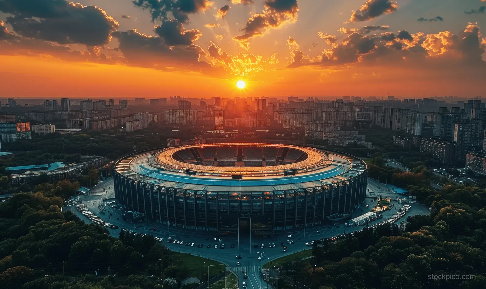 Aerial sunset view of Kharkiv national stadium illuminated within a ring of city streets and buildings.