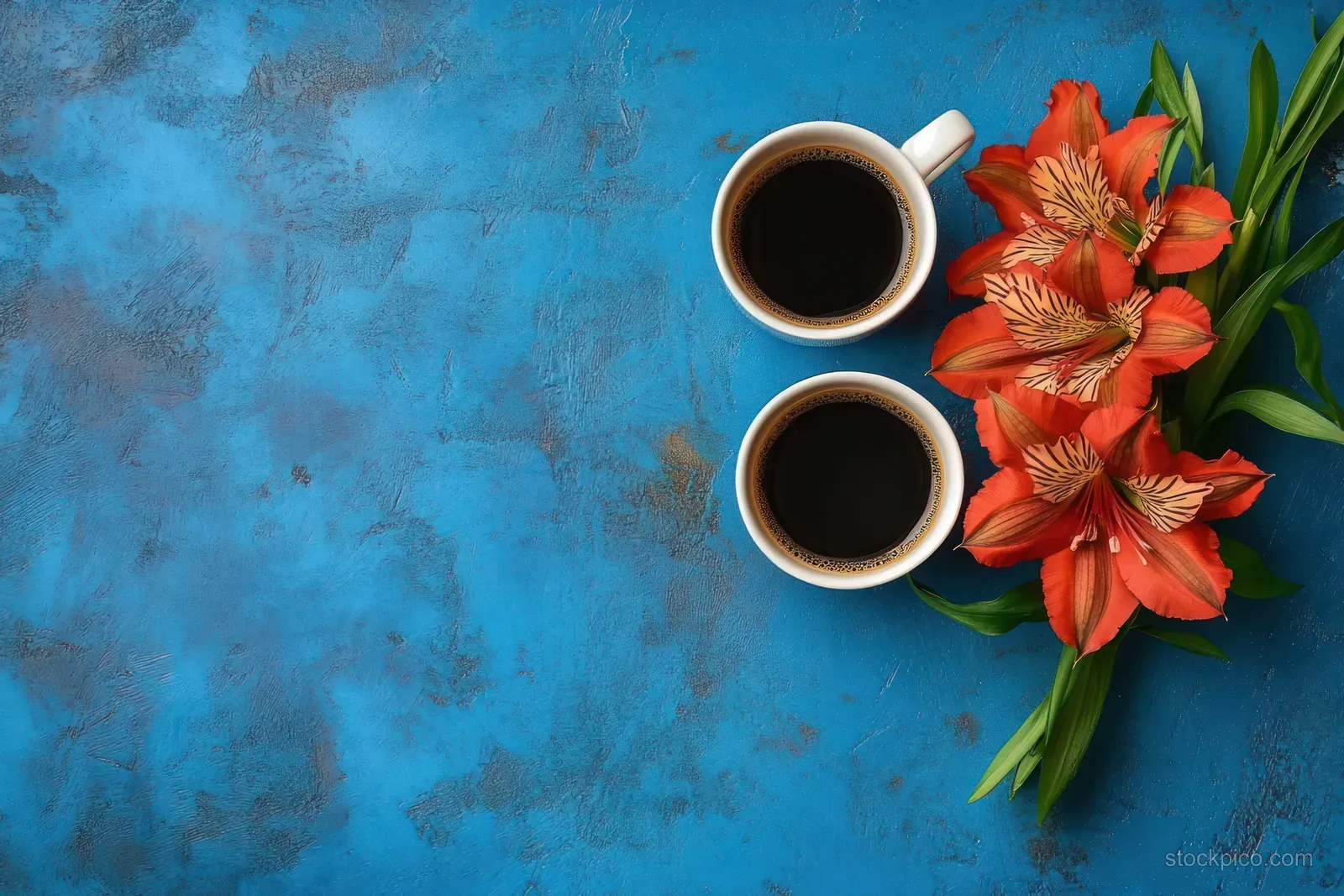 Two cups of black coffee are placed beside orange flowers and green leaves on a textured blue surface.