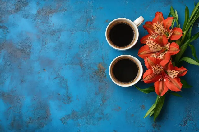 Two cups of black coffee beside orange flowers on textured blue table