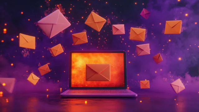 A 3D laptop glows on a purple backdrop as orange envelopes fly through the air.