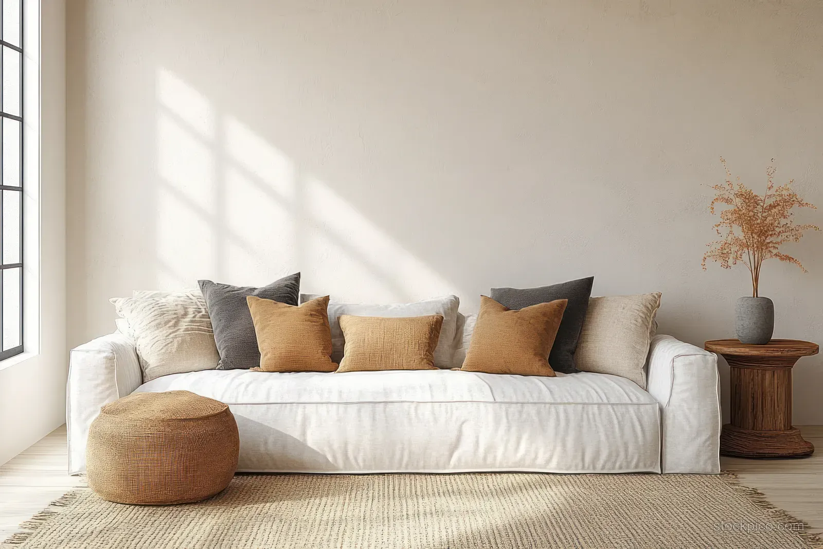 White sofa with textured cushions and a small wooden side table in a bright Scandinavian living room.