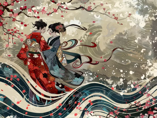 Two Japanese artistic swimmers in ornate costumes glide over rippling water as cherry blossom petals swirl around them.