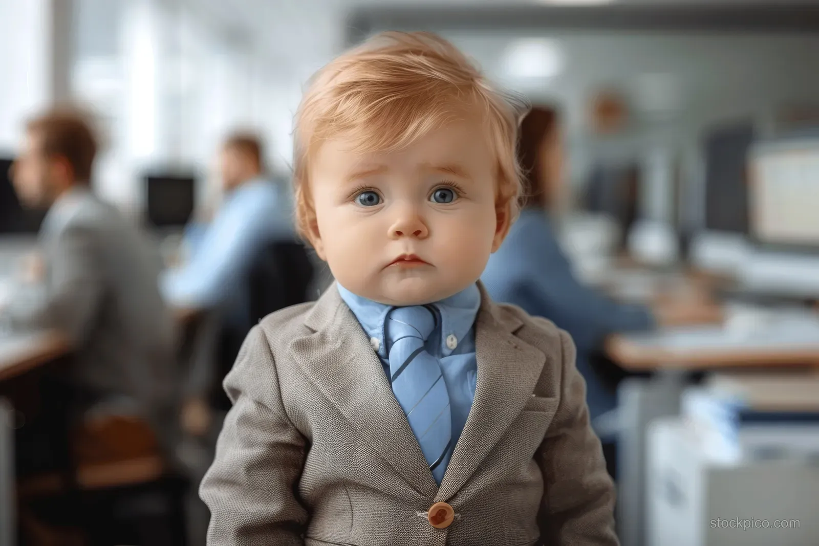 Toddler in a business suit stands at a desk in a modern office with coworkers working in the background.