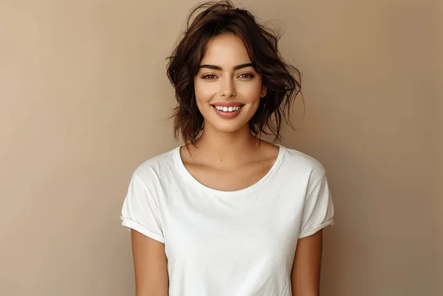 Smiling brunette woman in white shirt posing against beige studio background with copy space with Fashion Mockup