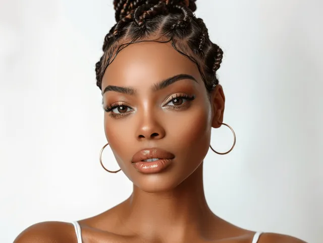 Elegant African American woman with braided hair, sharp makeup, looking at camera on white