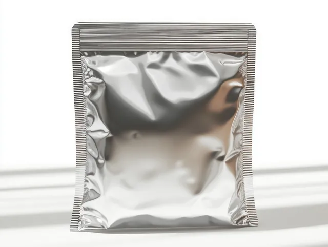 Sealed metallic foil pouch with crimped edges standing on white with soft reflections