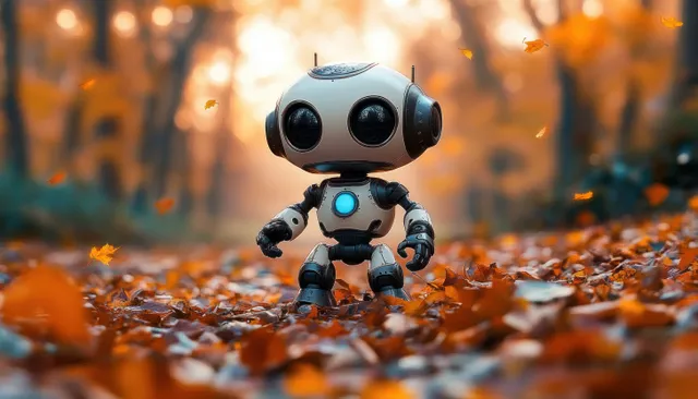 Small white robot with glowing blue chest stands on an autumn forest floor with falling orange leaves.