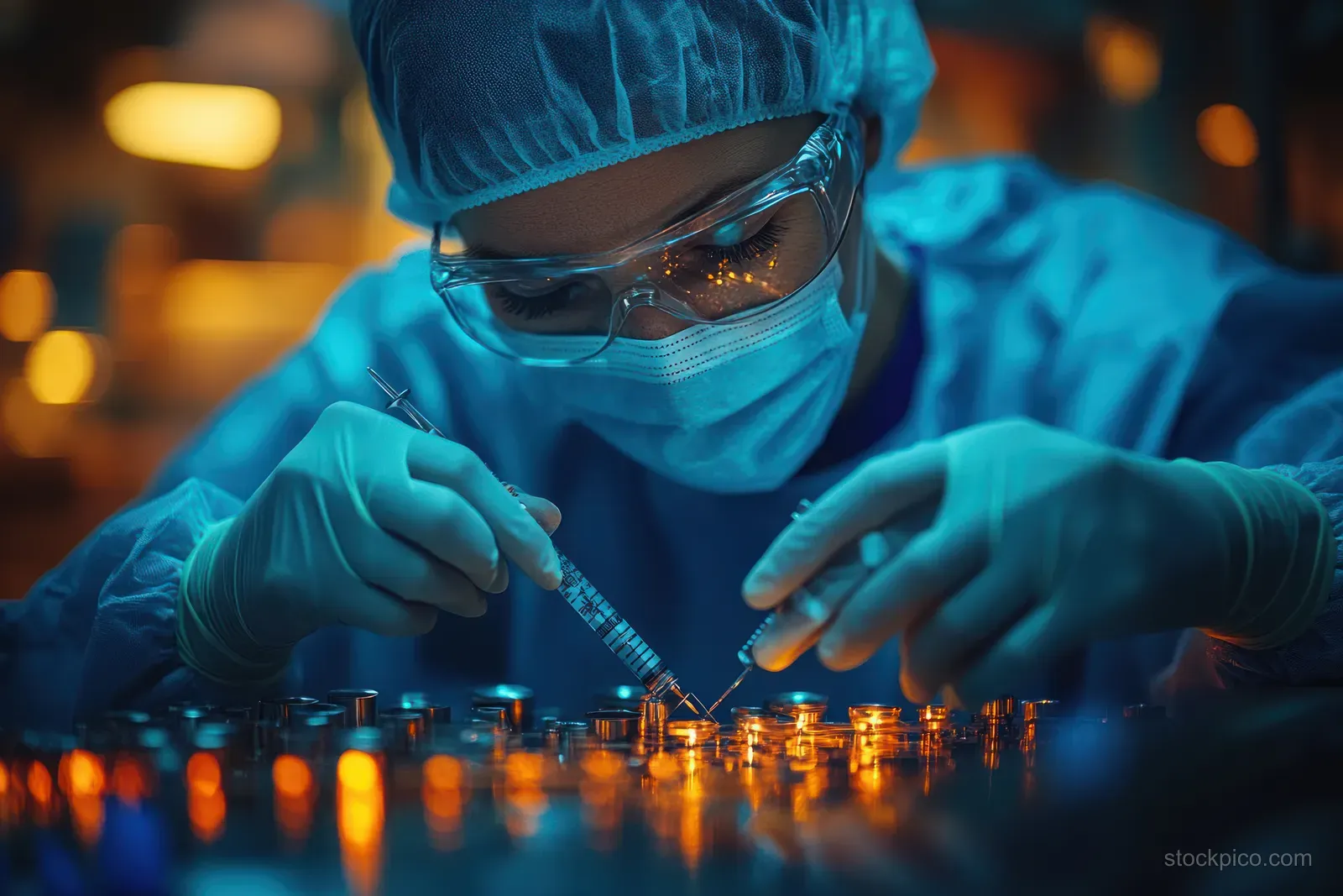 Surgeons in sterile gloves prepare laparoscopic instruments inside a brightly lit operating room.