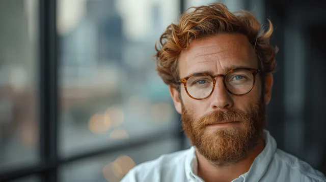 Smiling redheaded bearded man with glasses in a modern office headshot beside a window with city view.
