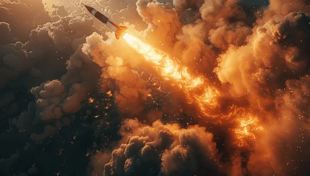 Missile streak with bright flames and thick smoke rising across the dark stormy sky.