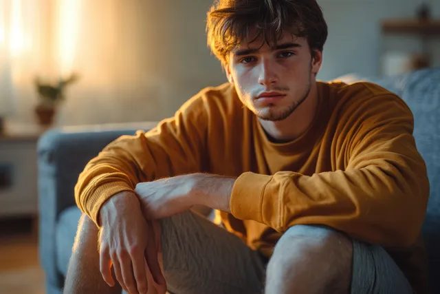 Young man lounging on a couch in warm sunlight, wearing a mustard sweater