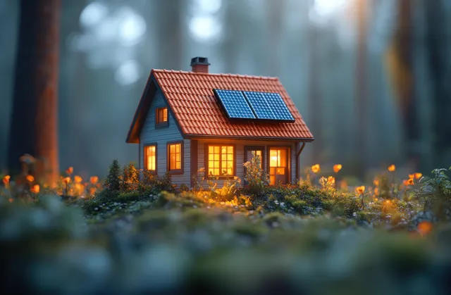 Small house model with rooftop solar panels and a heat pump concept in a dusk garden scene.
