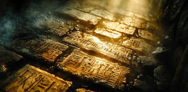 Weathered Greek inscription carvings on a stone wall glowing under warm sunlight beams.