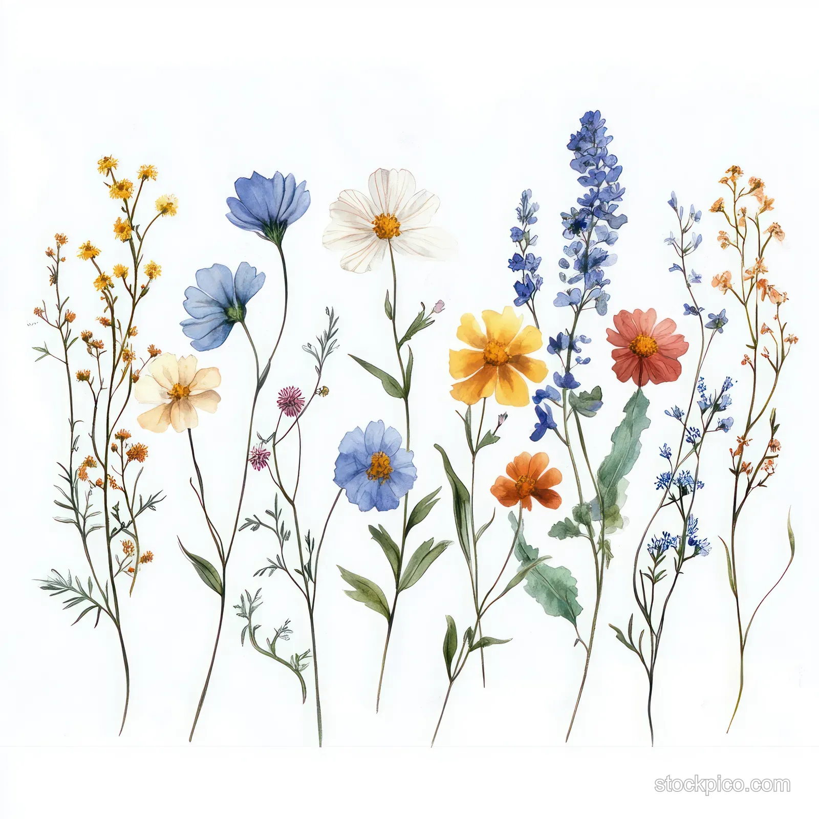 Pastel watercolor wildflowers with thin stems and small blooms arranged in a line on a white background.