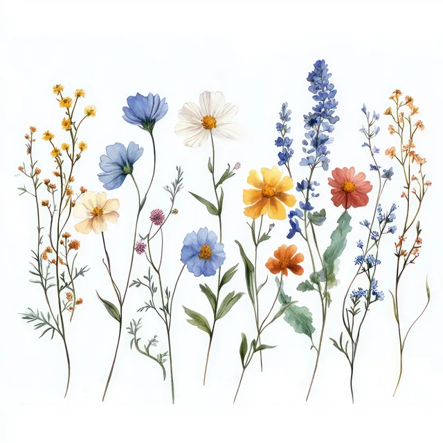 Flores silvestres em aquarela pastel, com hastes finas e pequenas flores dispostas em linha sobre fundo branco.