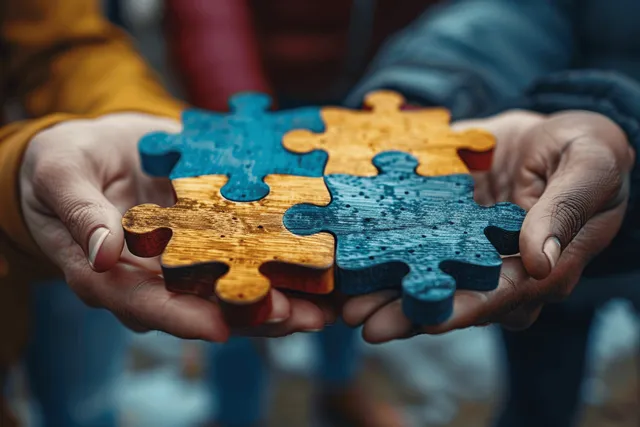 Hands holding interlocking puzzle pieces with blue tabs over an office-like background