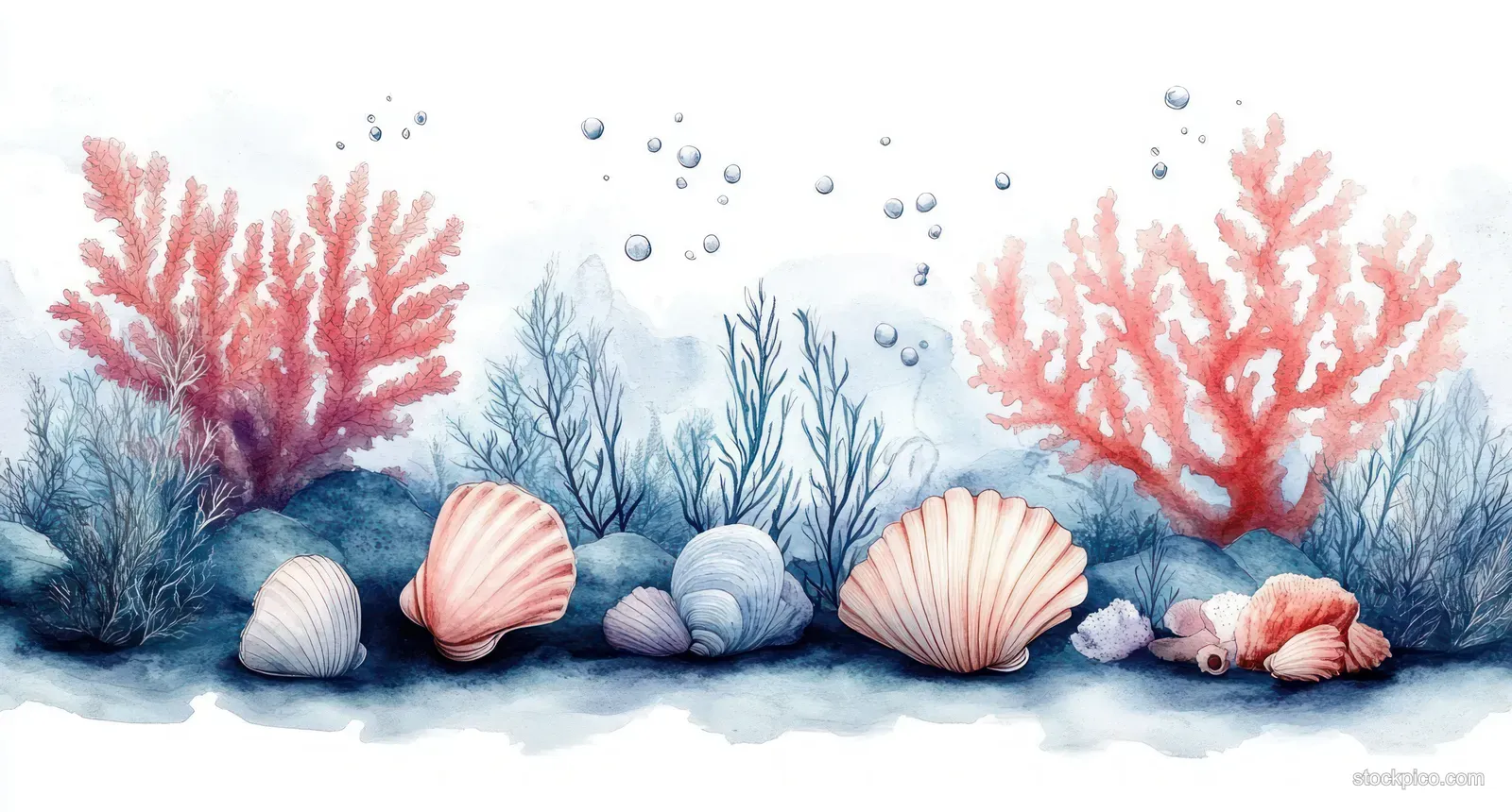 Watercolor painting of red coral and blue coral branches with seashells and floating bubbles above pale sand.