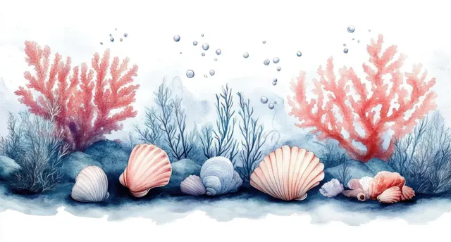 Pintura em aquarela de coral vermelho e galhos de coral azul com conchas e bolhas flutuando acima de areia clara.