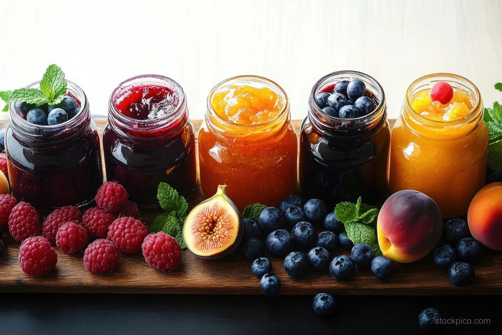 Five glass jars of colorful fruit jam on a wooden board with raspberries, blueberries, figs, and nectarines around them.