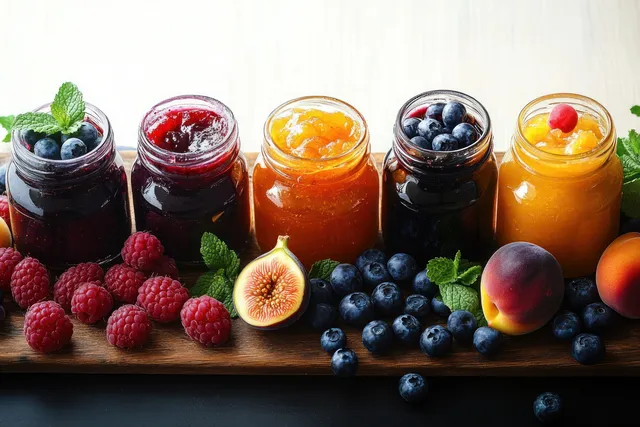 Five glass jars of colorful fruit jam on a wooden board with raspberries, blueberries, figs, and nectarines around them.