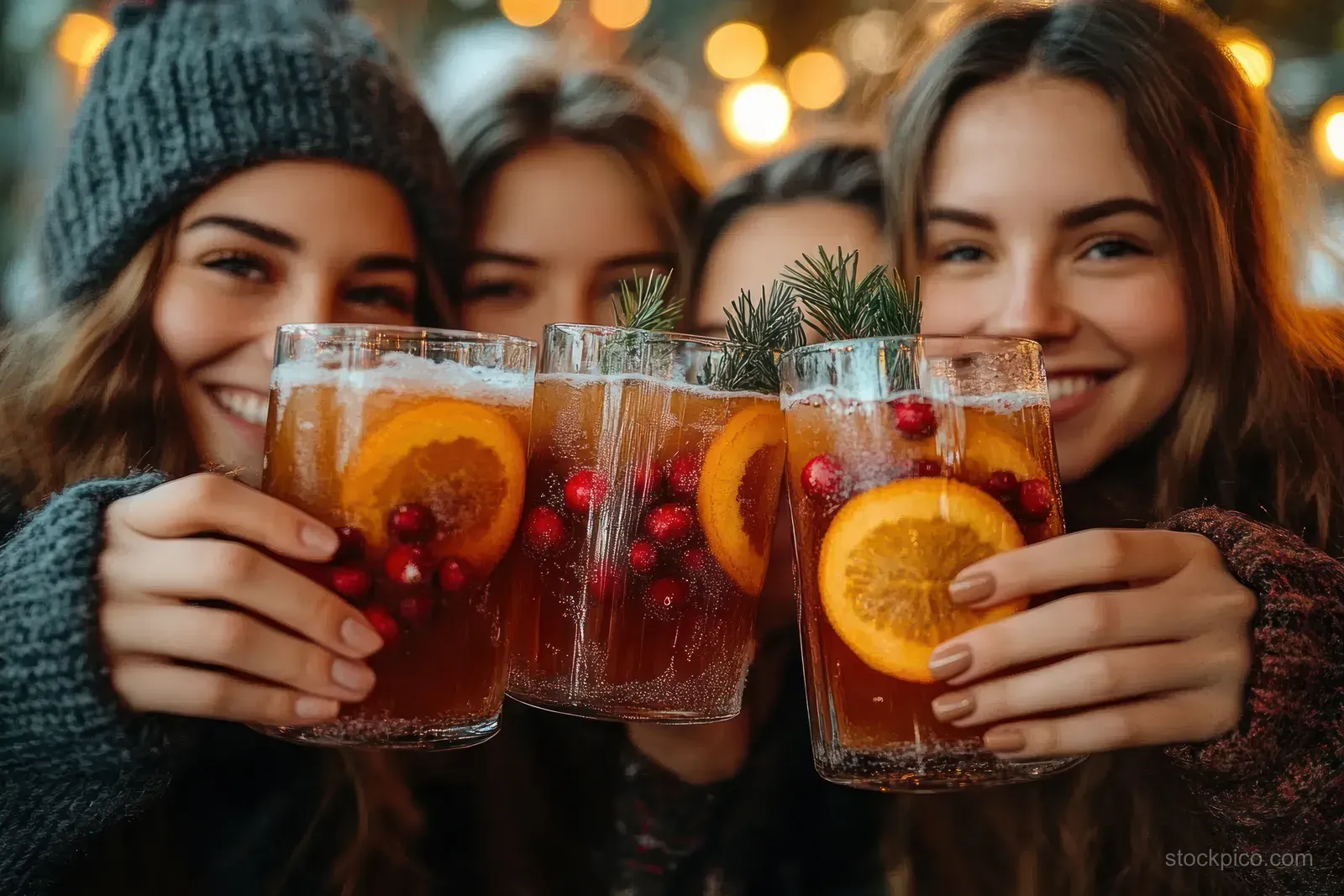 Four smiling young women clink clear glasses of orange-cranberry drinks indoors with warm holiday lights behind them.