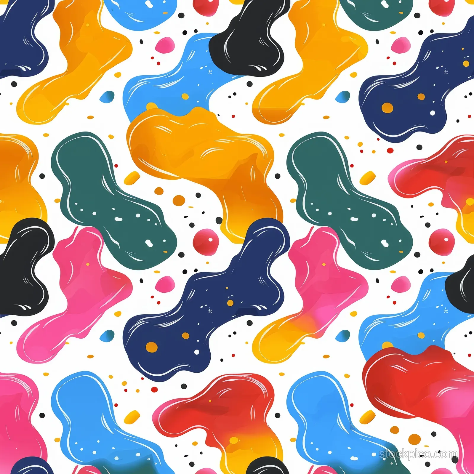 Seamless pattern of colorful organic blob shapes with wavy outlines, dots, and splashes across the background.