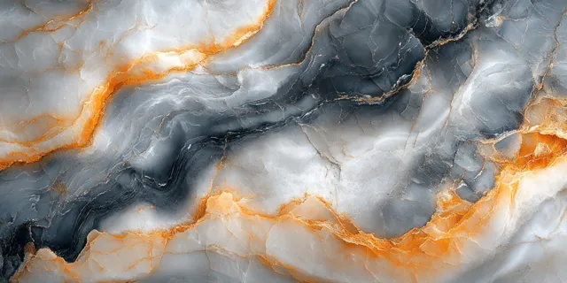 Marble slab close-up with orange veined swirls and gray stone texture