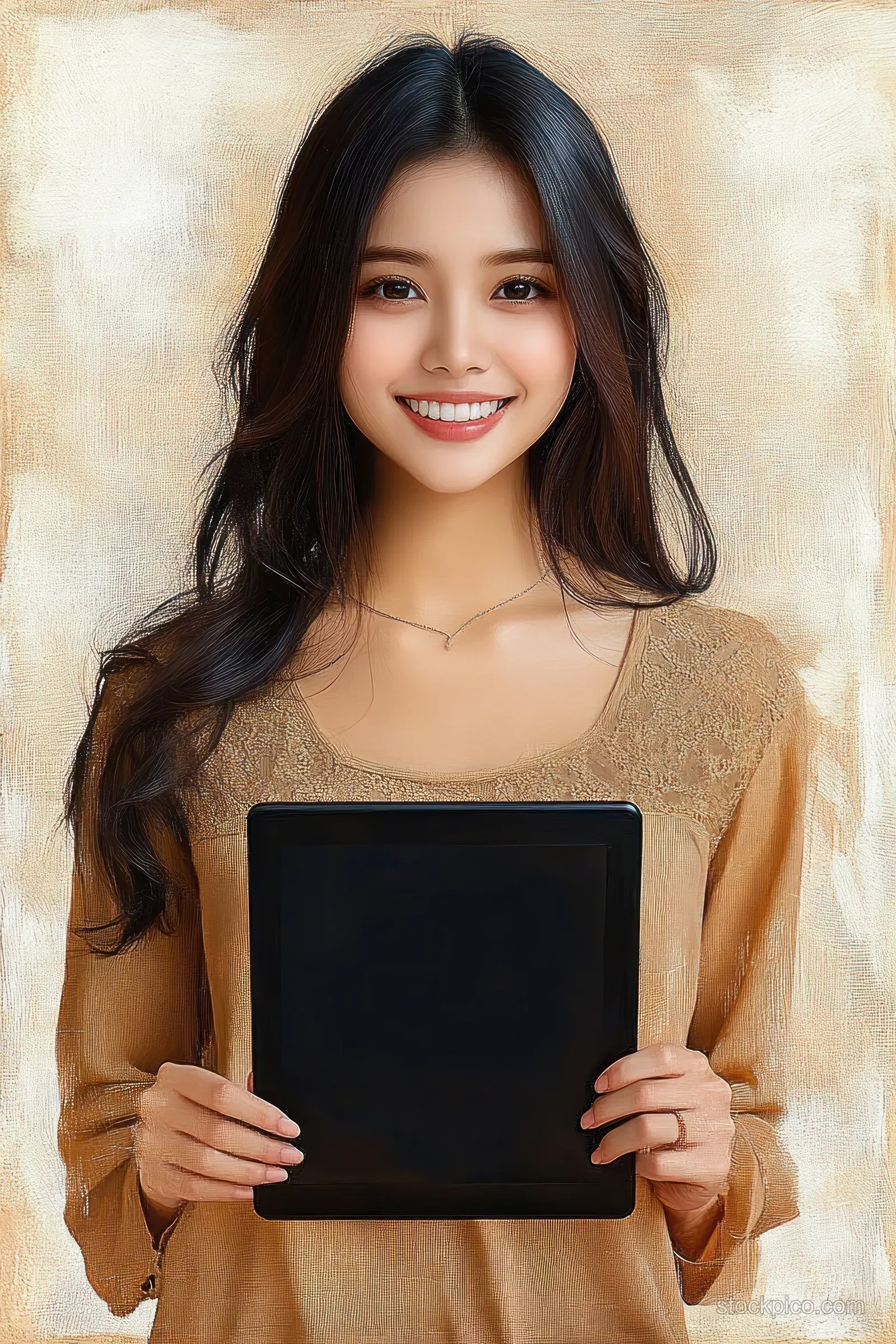 A smiling young woman with long dark hair holds a black tablet in front of a neutral textured background.
