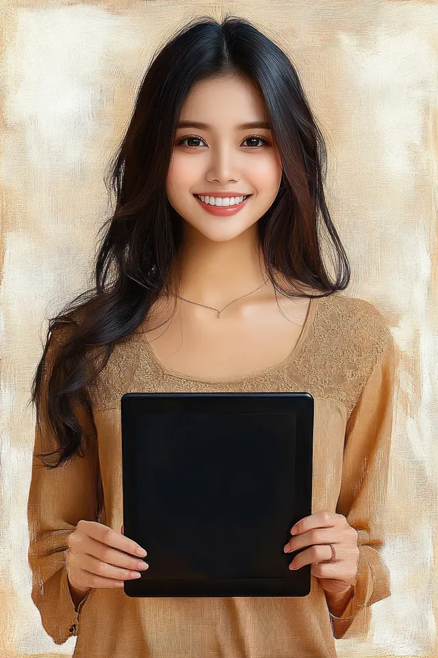 A smiling young woman with long dark hair holds a black tablet in front of a neutral textured background.