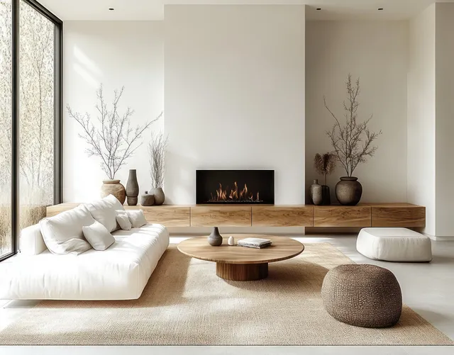 Sunlit minimalist living room with white sofas, round wooden coffee table, decorative vases, and a glowing fireplace.
