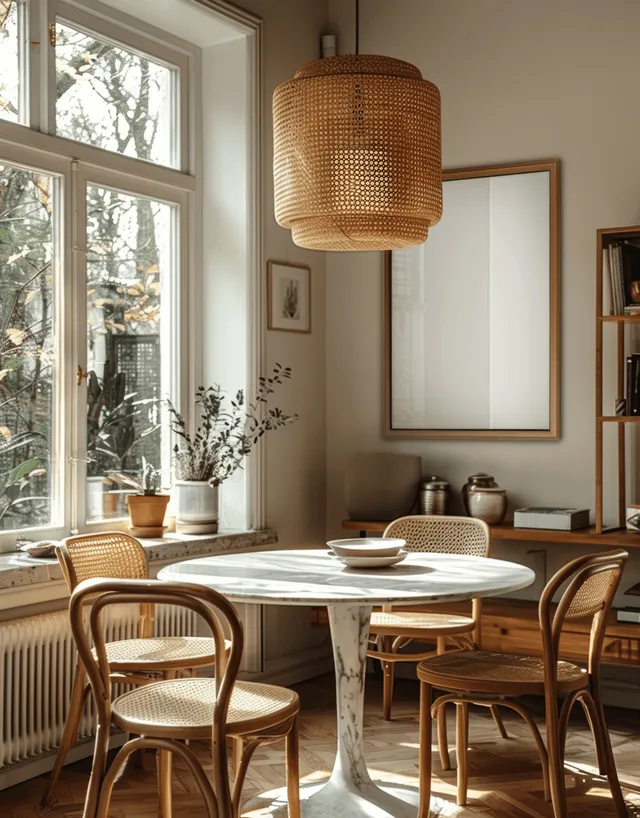 Boho dining room with marble table, rattan chairs, hanging lamp, and plants by a large window.