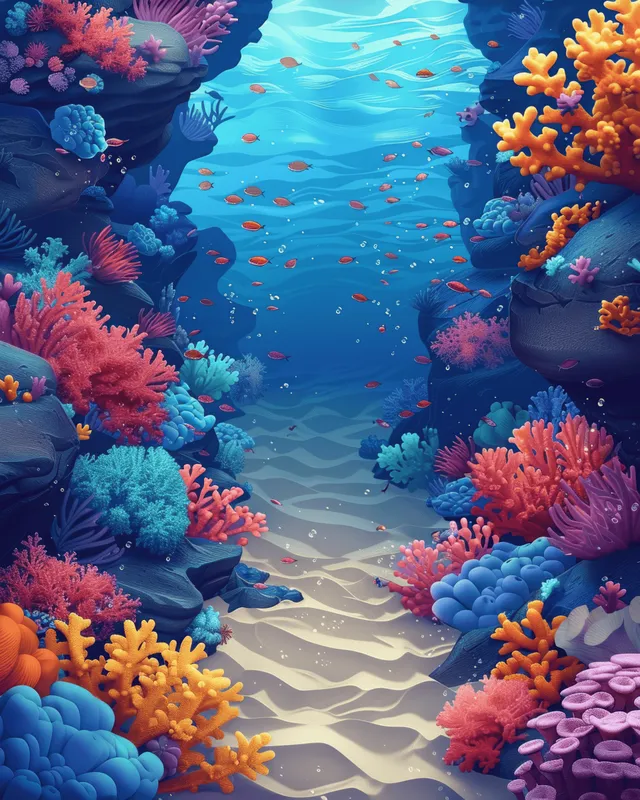 Tropical coral reef with colorful fish swimming above a sandy rocky path