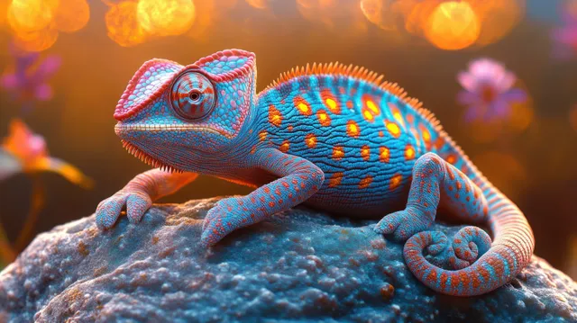 Colorful chameleon relaxing on a textured rock with warm golden light and soft colorful bokeh behind it.