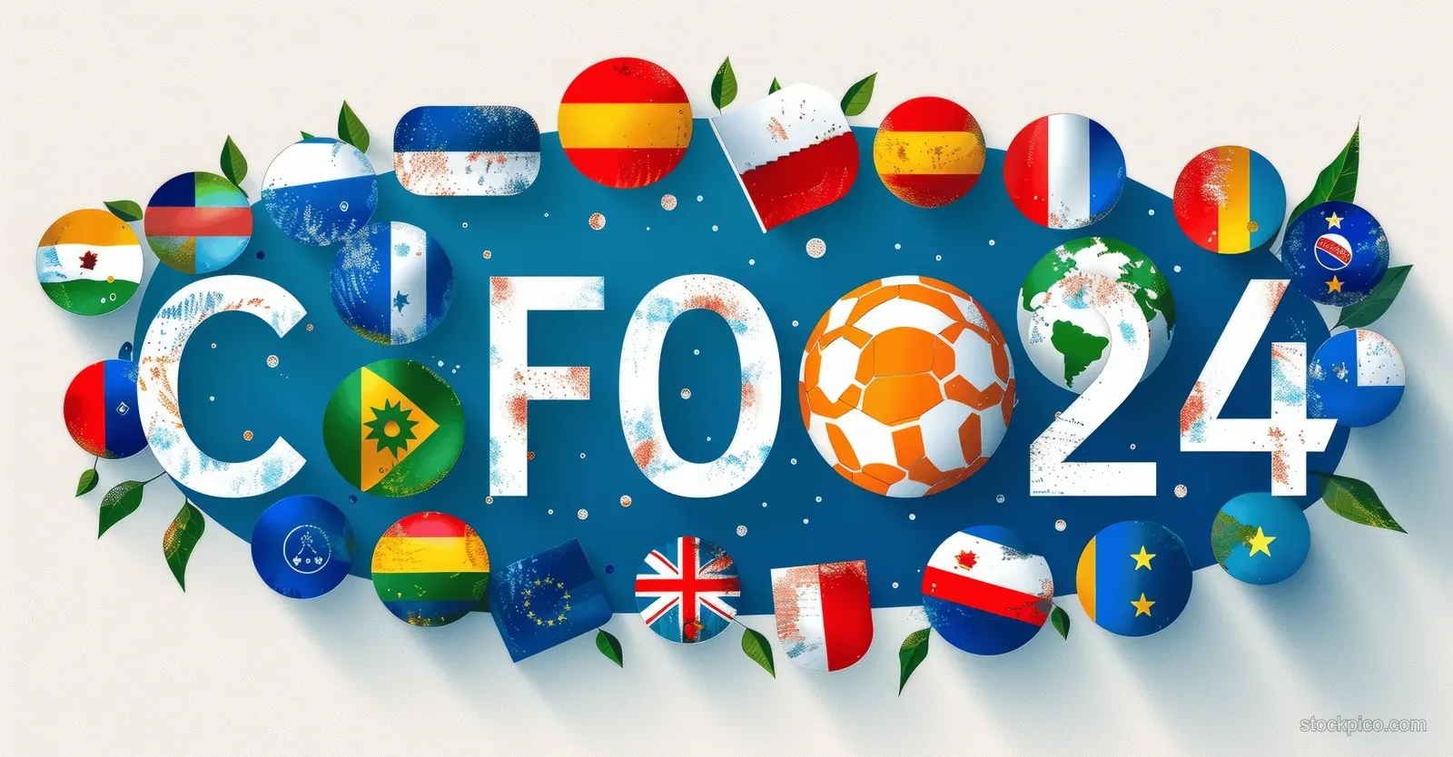 World Cup 2024 banner shows FIFA 24 text over a blue background with a soccer ball and floating national flags.