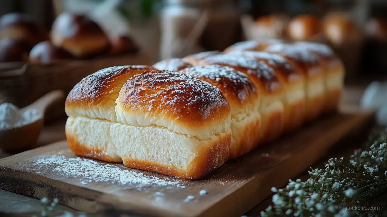 Golden braided bread loaf dusted with powdered sugar on a wooden board beside small white flowers.
