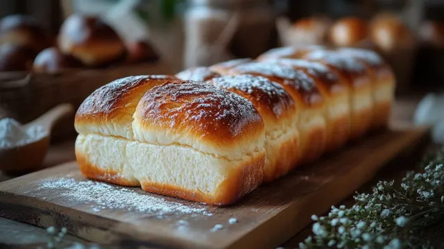 Golden braided bread loaf dusted with powdered sugar on a wooden board beside small white flowers.