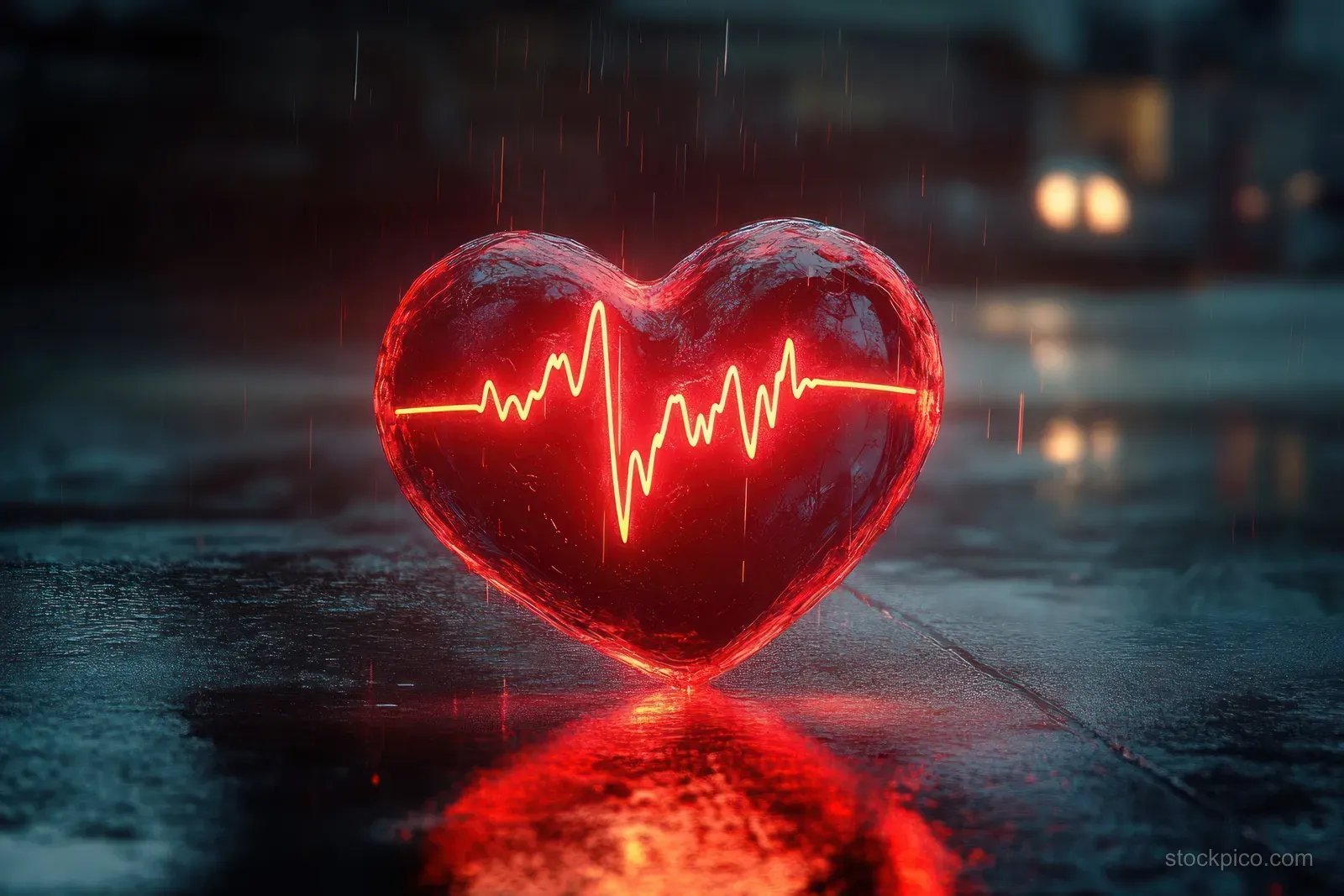 A glowing red heart with a heartbeat pulse line on wet rainy pavement reflected in puddles.