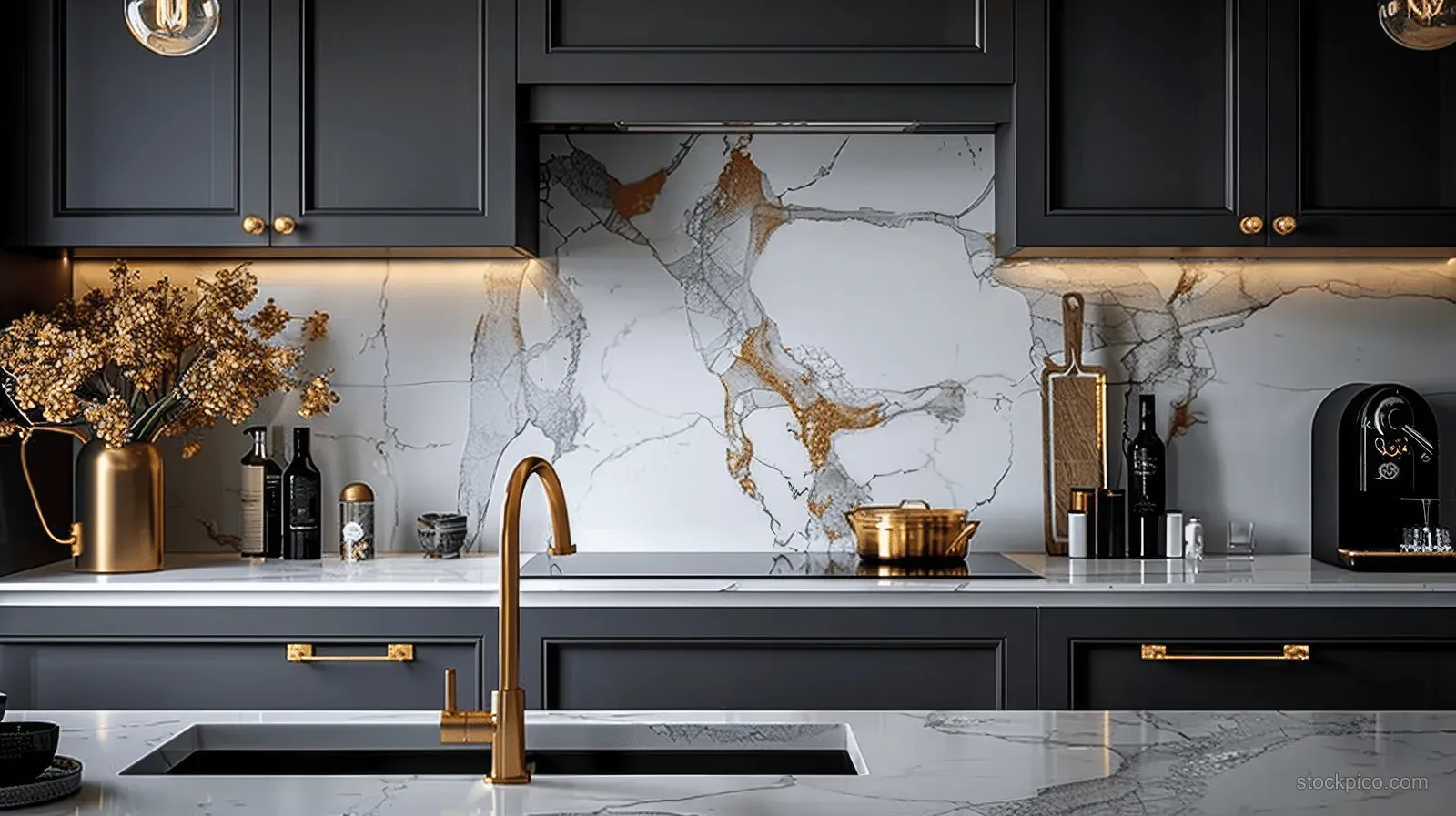 Black kitchen cabinets frame a white marble backsplash with a golden faucet and warm under-cabinet lights.