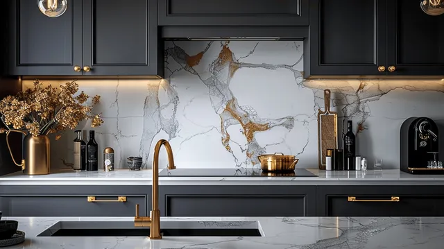 Black kitchen cabinets frame a white marble backsplash with a golden faucet and warm under-cabinet lights.