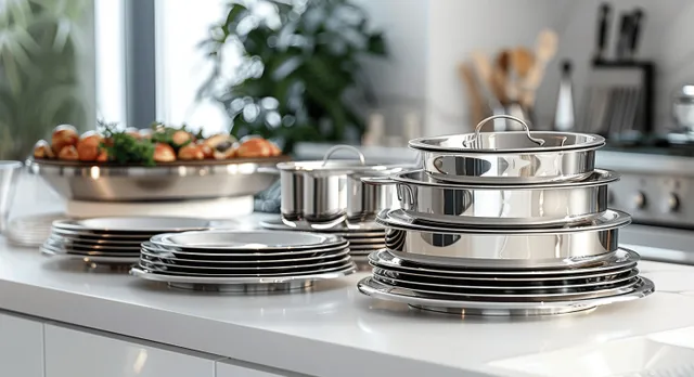 Neatly stacked stainless steel servingware on a white kitchen counter, perfect for modern catering and event preparation.