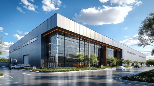 Modern warehouse exterior with a glass facade and parked cars in a paved parking lot under a blue sky.