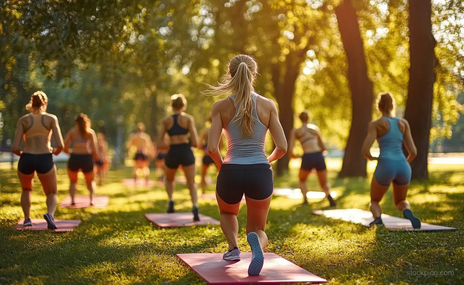 Women hold high plank positions on yoga mats during an outdoor group fitness class in a sunlit park.