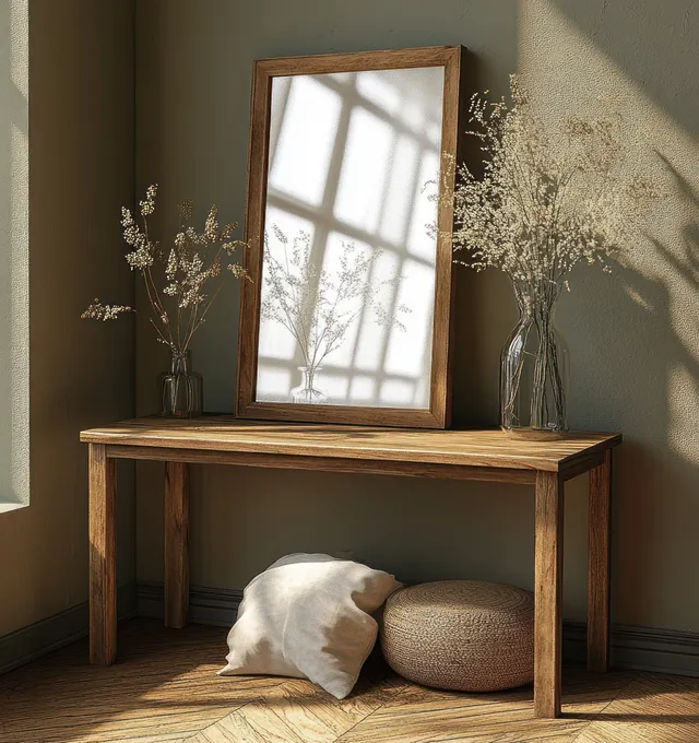 A wooden console table with a blank mirror and vases sits in a minimalist Scandinavian living room with sunlit shadows.