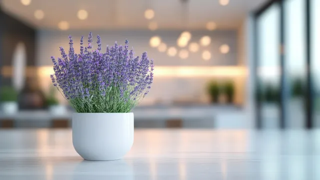 Lavender stems in a white pot on a kitchen counter with softly blurred lights in the background.