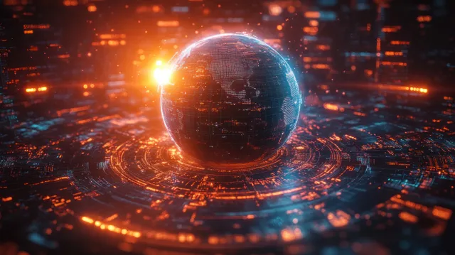 Futuristic digital globe glowing within neon cyberpunk interface rings and data grids