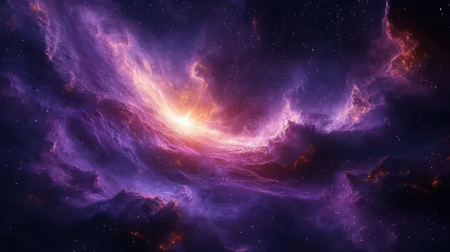 Purple and orange nebula clouds swirl around a bright core in deep space.