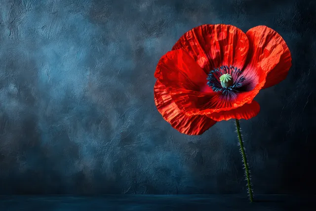 A red remembrance poppy flower rests against a dark textured background.