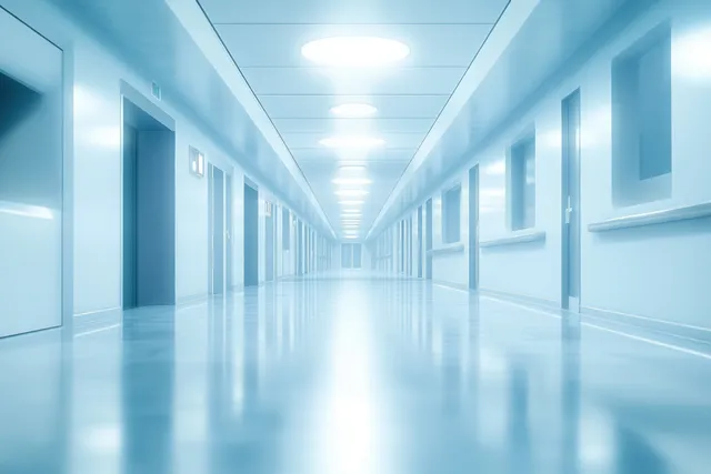 Empty futuristic clinic corridor with soft blue lights, clean walls, and glossy reflective floor in perspective.