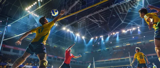 A Brazilian volleyball player serves in an indoor arena as teammates and opponents move around the net under bright lights.